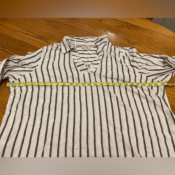 Per Se White and Green Striped Collared V Neck Rolled Sleeve Shift Shirt - Picture 7 of 9